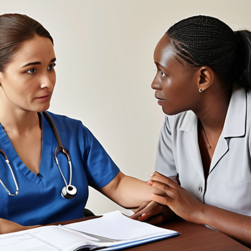 ** A meeting between a rehabilitation counselor and social worker, reviewing a client's file and discussing their progress. Focus on collaboration and information sharing.

**