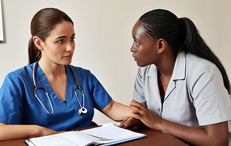 ** A meeting between a rehabilitation counselor and social worker, reviewing a client's file and discussing their progress. Focus on collaboration and information sharing.
**