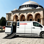**A wheelchair-accessible van parked in front of a historical site in Istanbul, showcasing accessible tourism.** (Focus: Accessible tourism, Istanbul landmark, wheelchair)