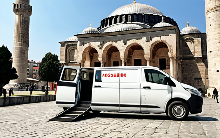 **A wheelchair-accessible van parked in front of a historical site in Istanbul, showcasing accessible tourism.** (Focus: Accessible tourism, Istanbul landmark, wheelchair)